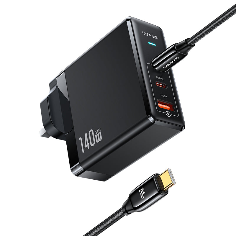 USAMS USAMS-UM Series Fast Charger Kit Dual USB-C USB-A 3 Ports 140W ACC GaN Fast Charger with 240W Type-C to Type-C Cable USAMS USAMS-UM Series Fast Charger Kit Dual USB-C USB-A 3 Ports 140W ACC GaN Fast Charger with 240W Type-C to Type-C Cable
